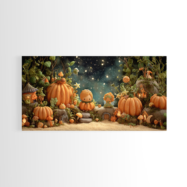 The Pumpkin Fairy Garden, Clay Halloween Art, Wide Panoramic Art, Framed Canvas Print, Cute Halloween Wall Art