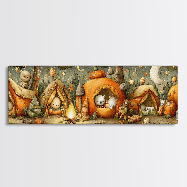 The Pumpkin Campout, Plush Halloween Art, Extra Wide Wall Art, Canvas Print, Cute Halloween Wall Art