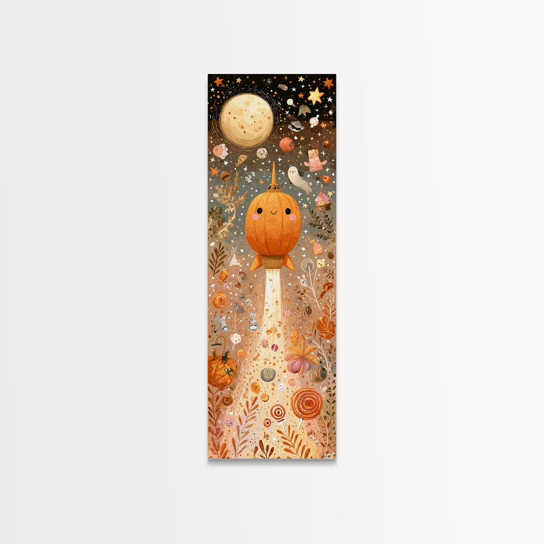 The Pumpkin Rocket Ship, Kawaii Halloween Art, Tall Narrow Wall Art, Framed Canvas Print, Cute Halloween Wall Art