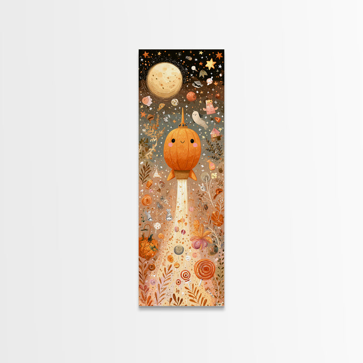 The Pumpkin Rocket Ship, Kawaii Halloween Art, Tall Narrow Wall Art, Framed Canvas Print, Cute Halloween Wall Art