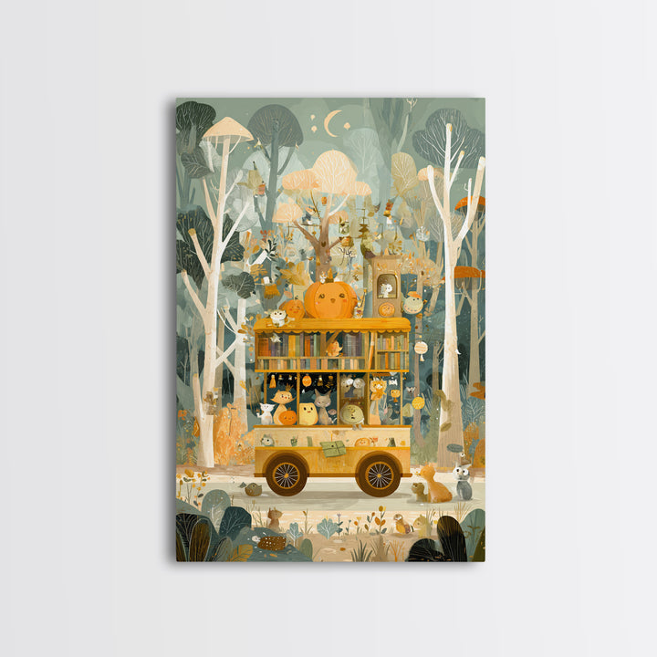 The Pumpkin Bookmobile, Retro Halloween Art, Vertical Wall Art, Canvas Print, Cute Halloween Wall Art