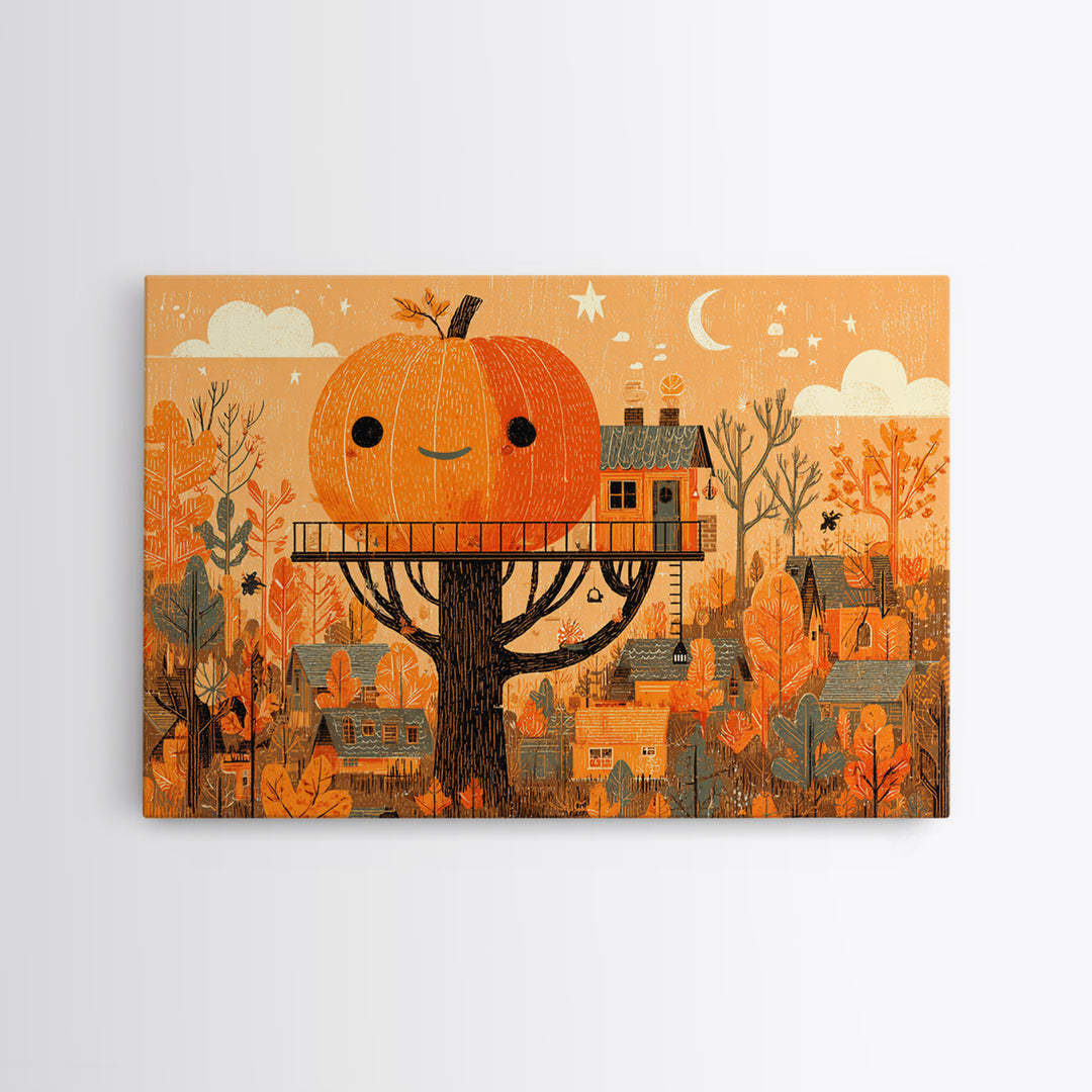 The Pumpkin Treehouse, Screenprint Halloween Art, Landscape Wall Art, Framed Canvas Print, Cute Halloween Wall Art