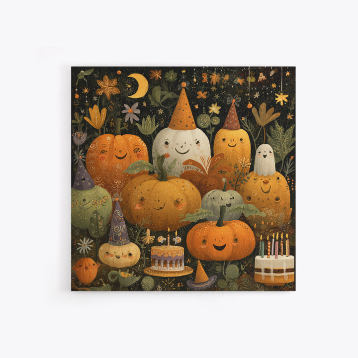 The Great Pumpkin Birthday Party, Folk Halloween Art, Square Wall Art, Canvas Print, Cute Halloween Wall Art