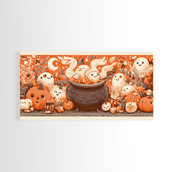 The Cookie Cauldron, Linocut Halloween Art, Wide Panoramic Art, Framed Canvas Print, Cute Halloween Wall Art