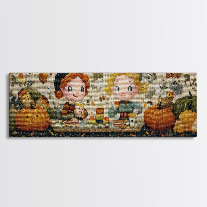The Candy Corn Picnic, Embroidered Halloween Art, Extra Wide Wall Art, Canvas Print, Cute Halloween Wall Art
