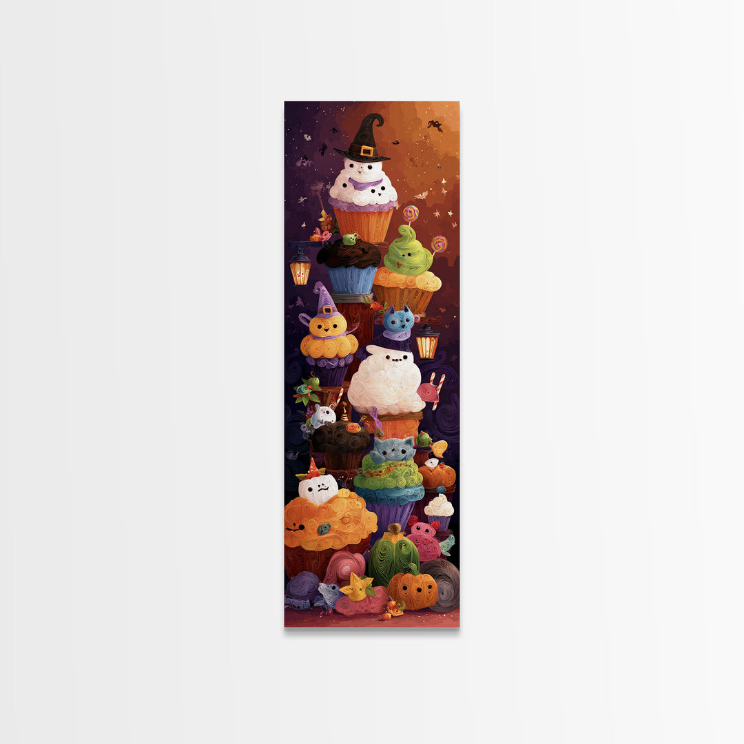 The Cupcake Costume Contest, Quilled Halloween Art, Tall Narrow Wall Art, Framed Canvas Print, Cute Halloween Wall Art