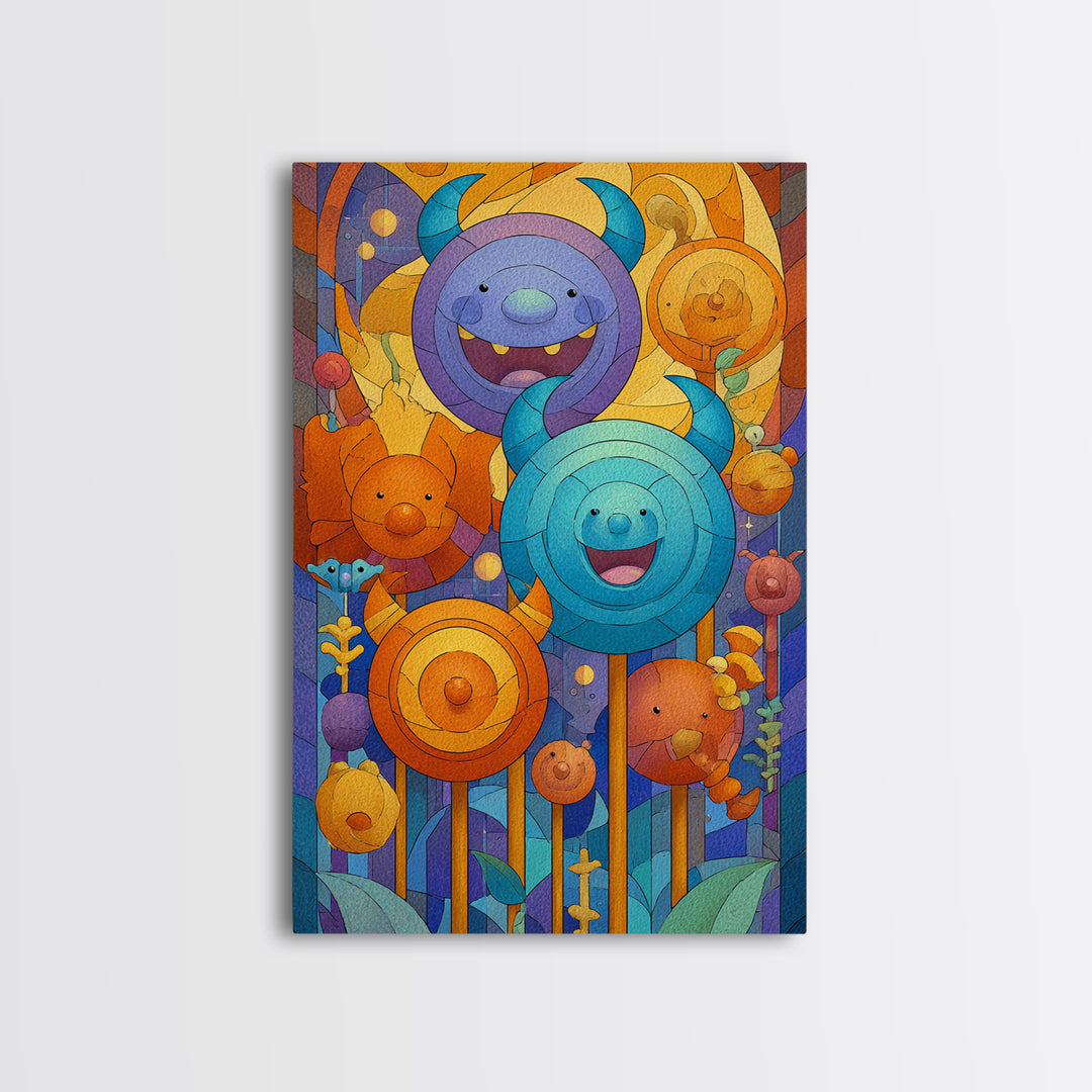The Friendly Lollipop Monsters, Stained Glass Halloween, Vertical Wall Art, Canvas Print, Cute Halloween Wall Art