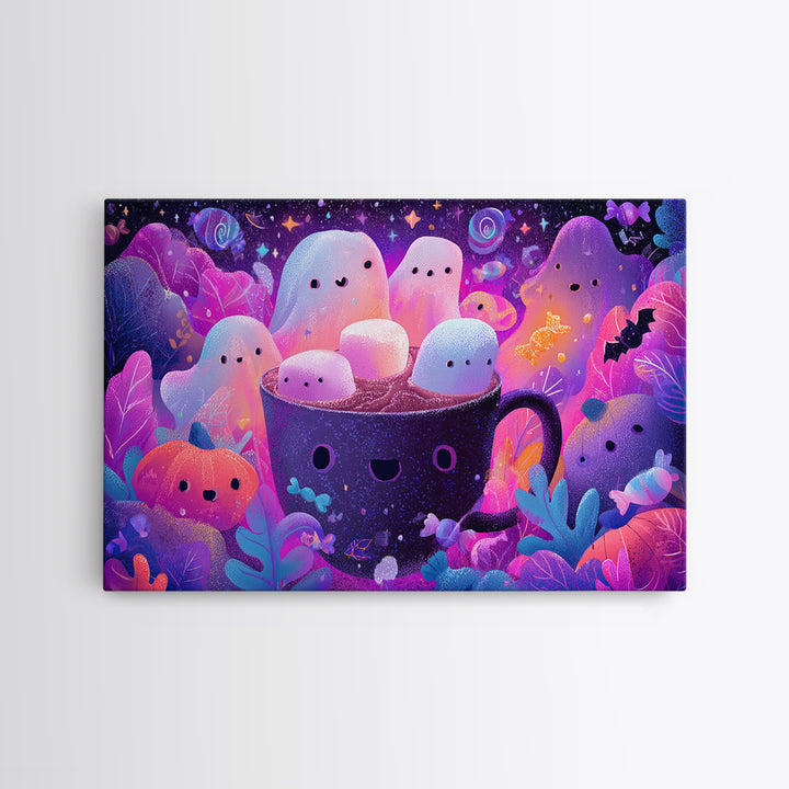 The Marshmallow Ghost Choir, Vaporwave Halloween Art, Landscape Wall Art, Framed Canvas Print, Cute Halloween Wall Art