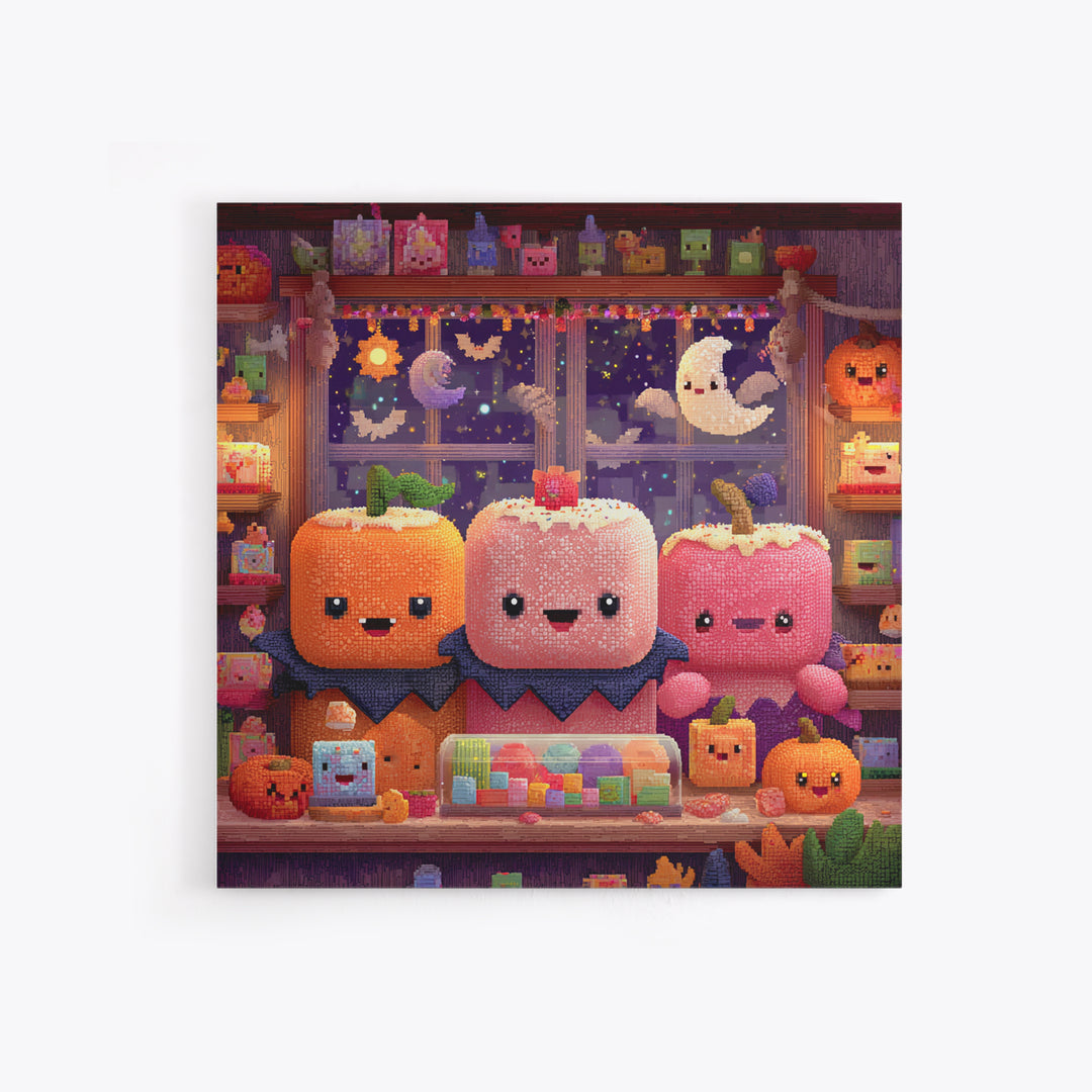 The Donut Vampire Family, Pixel Halloween Art, Square Wall Art, Canvas Print, Cute Halloween Wall Art