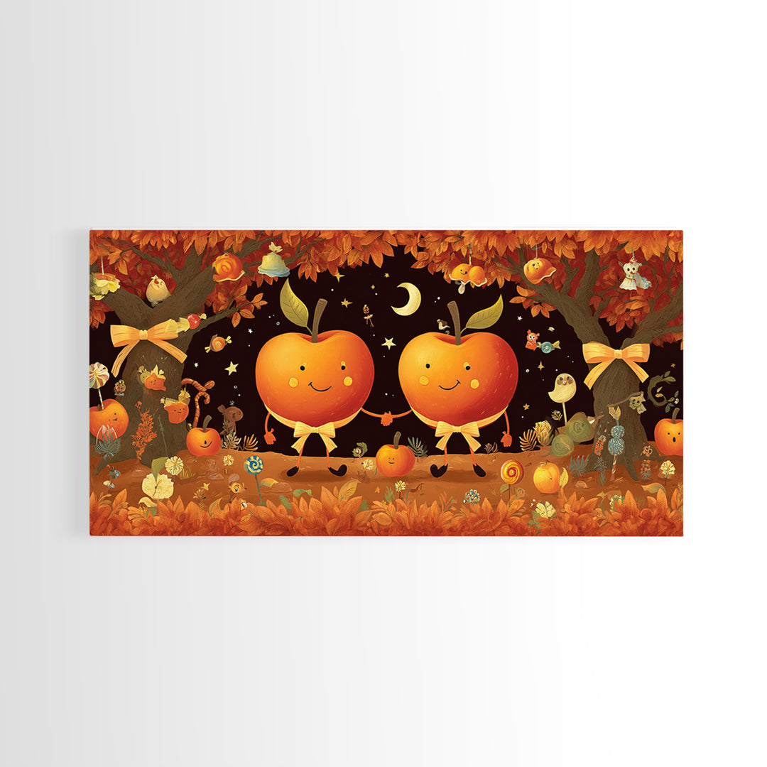 The Caramel Apple Friends, Vector Halloween Art, Wide Panoramic Art, Framed Canvas Print, Cute Halloween Wall Art