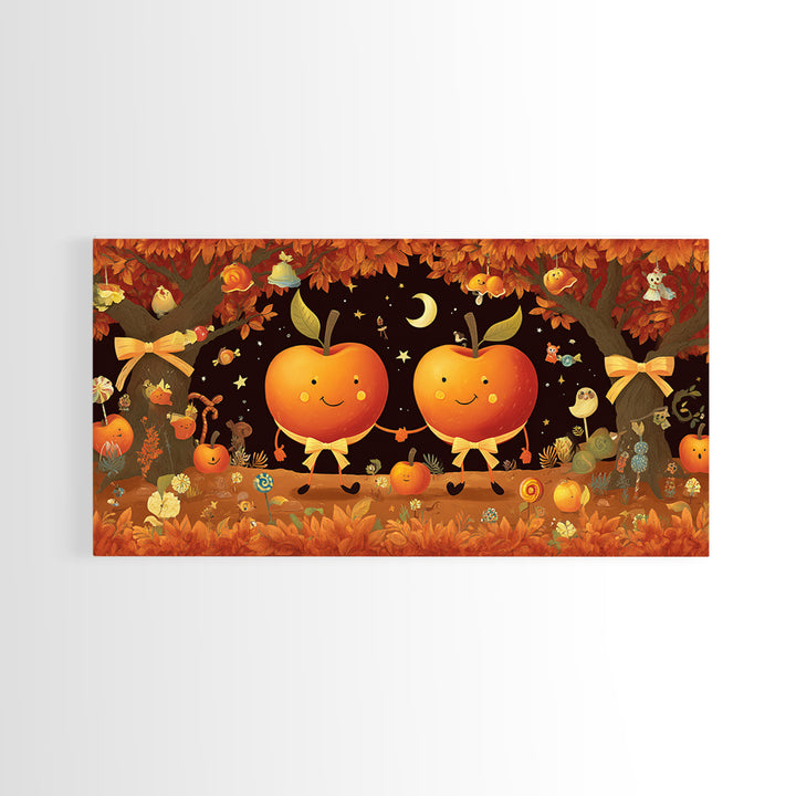 The Caramel Apple Friends, Vector Halloween Art, Wide Panoramic Art, Framed Canvas Print, Cute Halloween Wall Art
