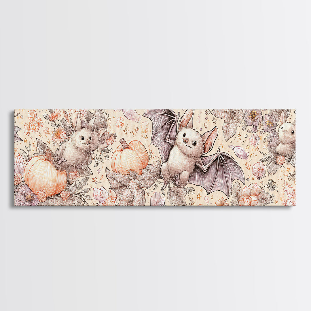 The Gummy Bat Garden, Hand Sketch Halloween Art, Extra Wide Wall Art, Canvas Print, Cute Halloween Wall Art