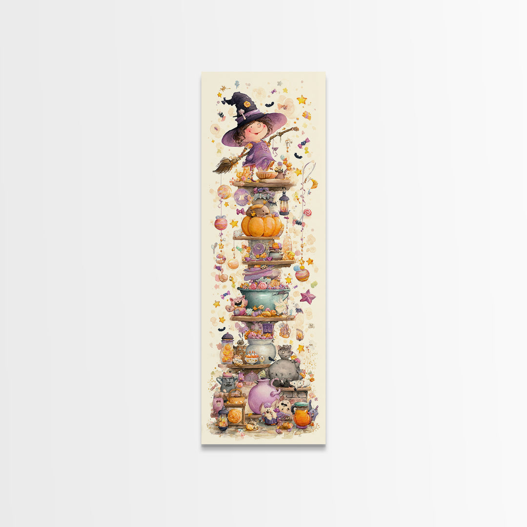 The Candy Witch'S Kitchen, Watercolor Halloween Art, Tall Narrow Wall Art, Framed Canvas Print, Cute Halloween Wall Art