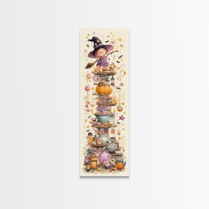 The Candy Witch'S Kitchen, Watercolor Halloween Art, Tall Narrow Wall Art, Framed Canvas Print, Cute Halloween Wall Art