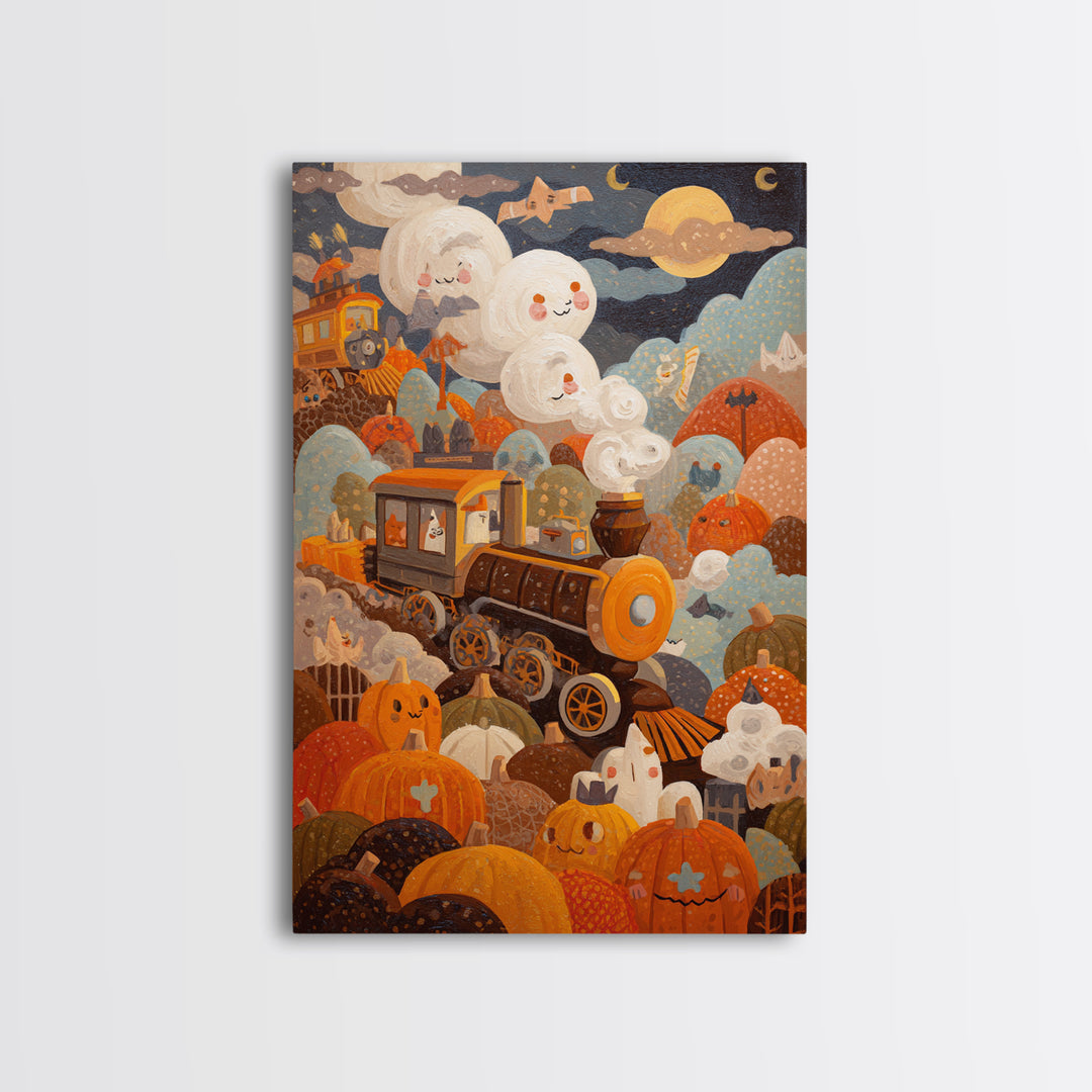 The Chocolate Pumpkin Train, Gouache Halloween Art, Vertical Wall Art, Canvas Print, Cute Halloween Wall Art