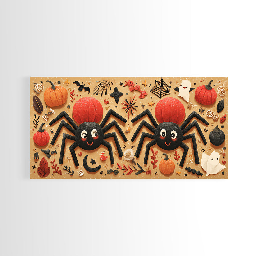 The Licorice Spider Family, Paper Collage Halloween, Wide Panoramic Art, Framed Canvas Print, Cute Halloween Wall Art