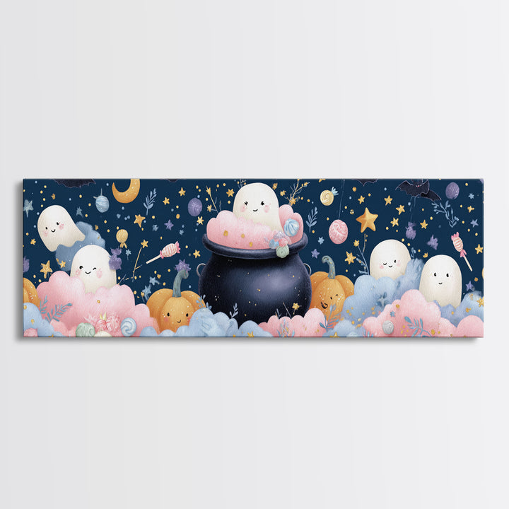 The Cotton-Candy Cauldron, Felt Halloween Art, Extra Wide Wall Art, Canvas Print, Cute Halloween Wall Art