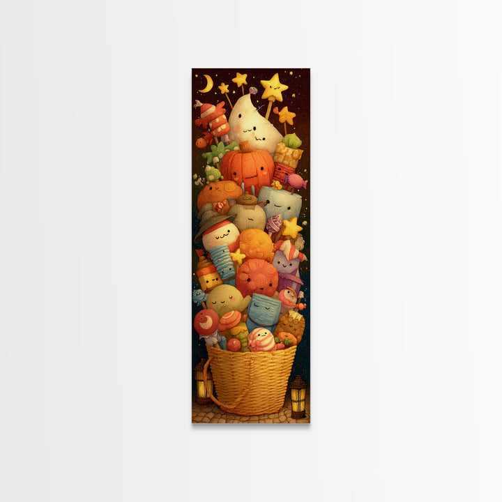 The Candy Basket Sleepover, Clay Halloween Art, Tall Narrow Wall Art, Framed Canvas Print, Cute Halloween Wall Art