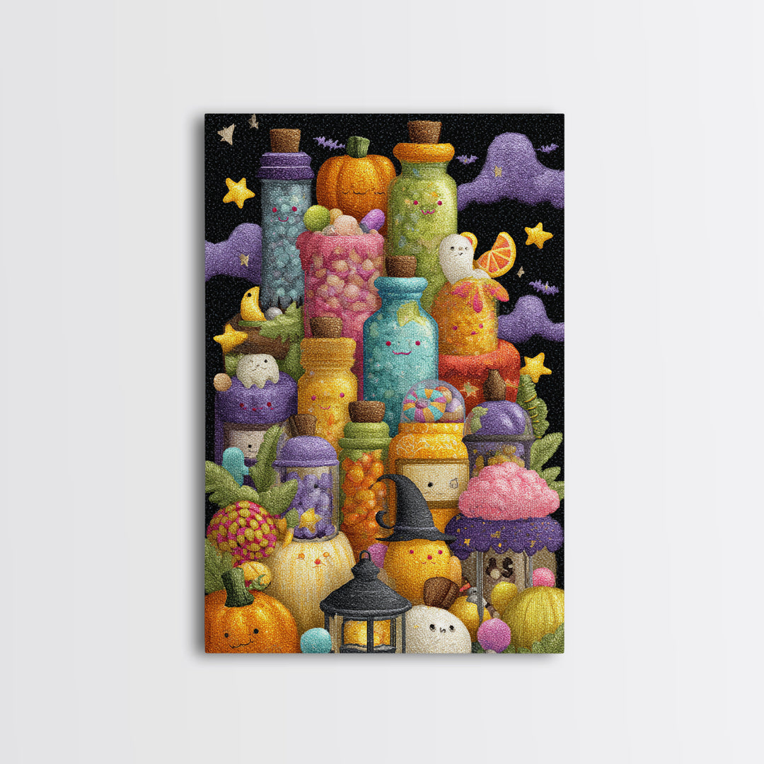 The Jellybean Potion Shop, Plush Halloween Art, Vertical Wall Art, Canvas Print, Cute Halloween Wall Art
