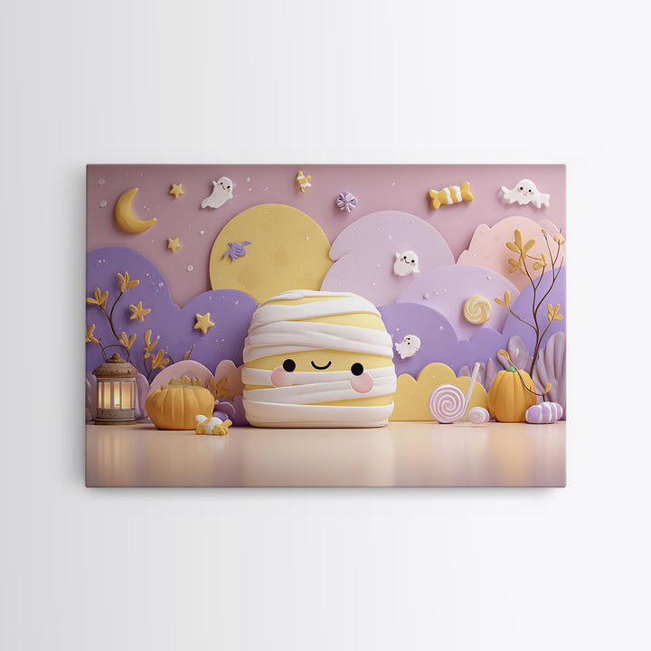 The Popcorn Mummy, Kawaii Halloween Art, Landscape Wall Art, Framed Canvas Print, Cute Halloween Wall Art