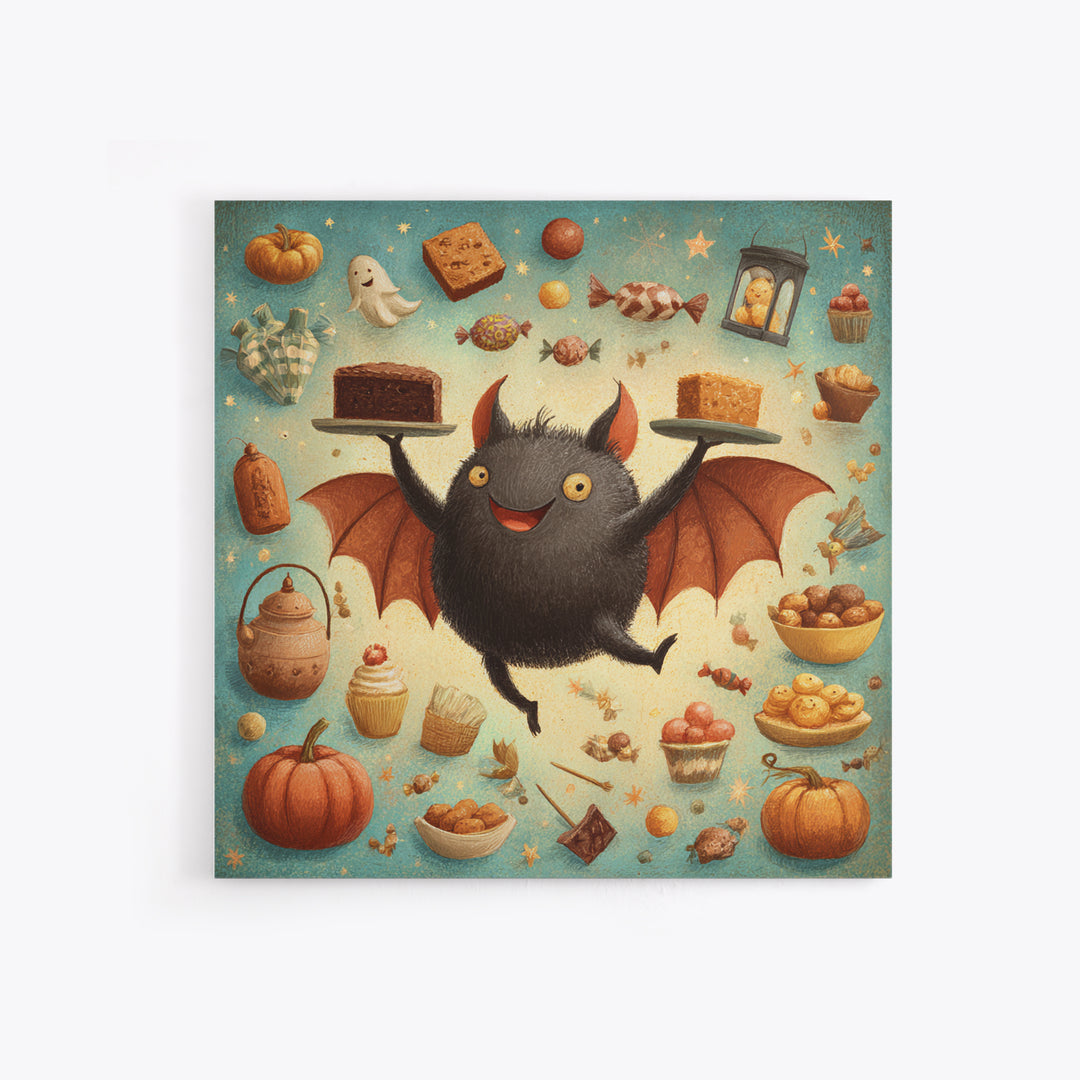 The Brownie Bat Bakery, Retro Halloween Art, Square Wall Art, Canvas Print, Cute Halloween Wall Art, Halloween Kids Decor