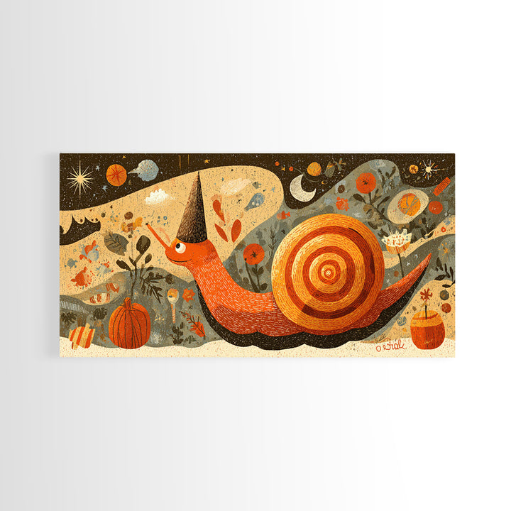 The Cinnamon-Roll Snail Witch, Screenprint Halloween Art, Wide Panoramic Art, Framed Canvas Print, Cute Halloween Wall Art
