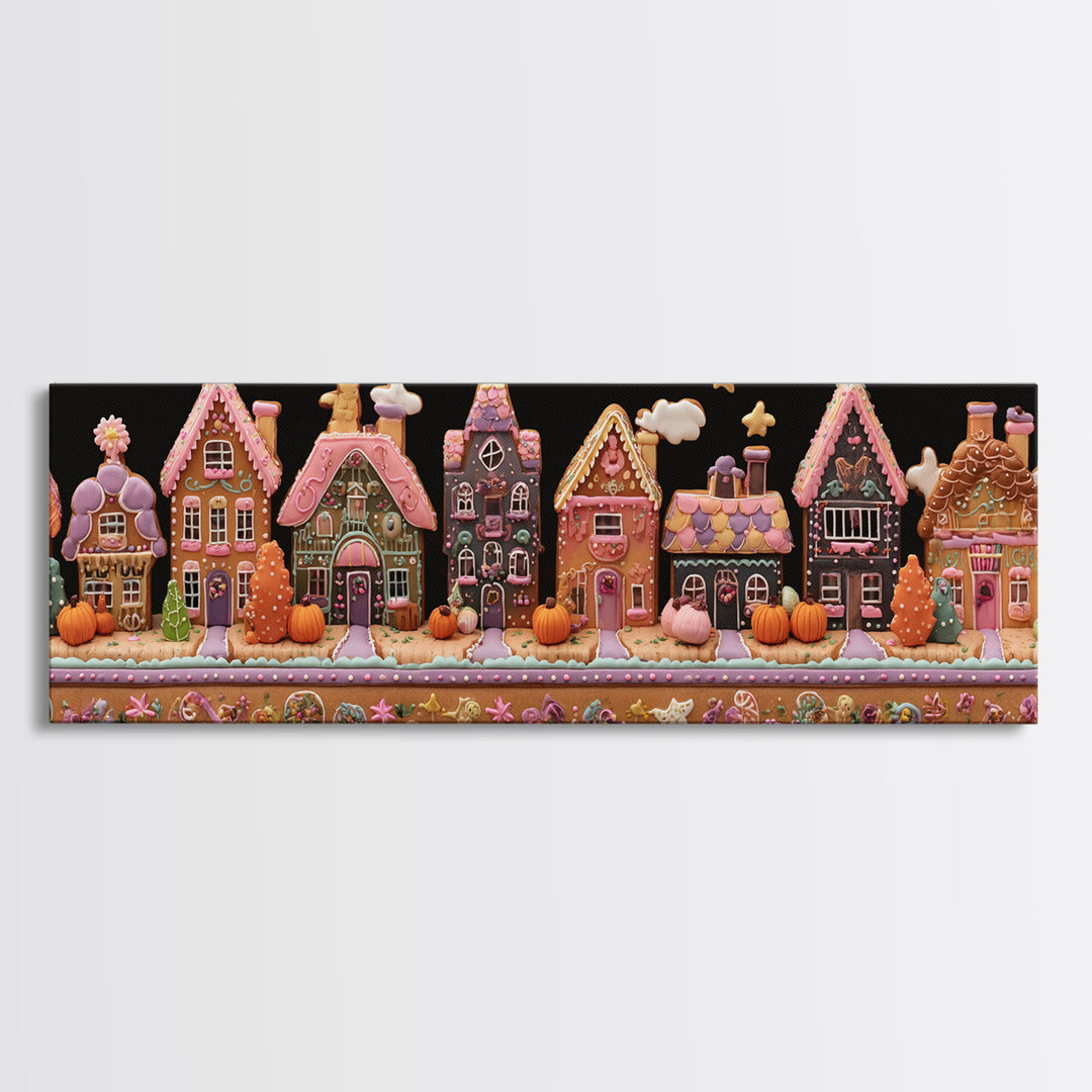 The Halloween Gingerbread Village, Folk Halloween Art, Extra Wide Wall Art, Canvas Print, Cute Halloween Wall Art