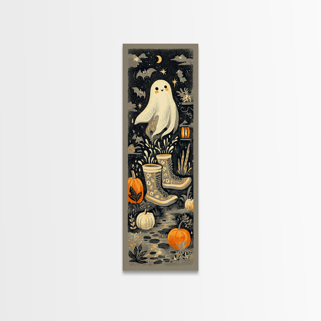 The Ghost In Rain Boots, Linocut Halloween Art, Tall Narrow Wall Art, Framed Canvas Print, Cute Halloween Wall Art