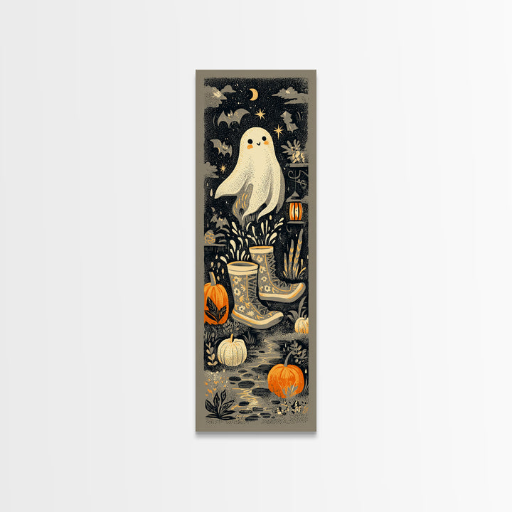 The Ghost In Rain Boots, Linocut Halloween Art, Tall Narrow Wall Art, Framed Canvas Print, Cute Halloween Wall Art