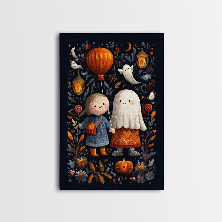 The Ghost Balloon Friend, Embroidered Halloween Art, Vertical Wall Art, Canvas Print, Cute Halloween Wall Art