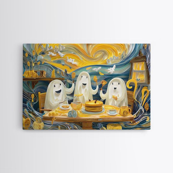 The Ghost Family Breakfast, Quilled Halloween Art, Landscape Wall Art, Framed Canvas Print, Cute Halloween Wall Art