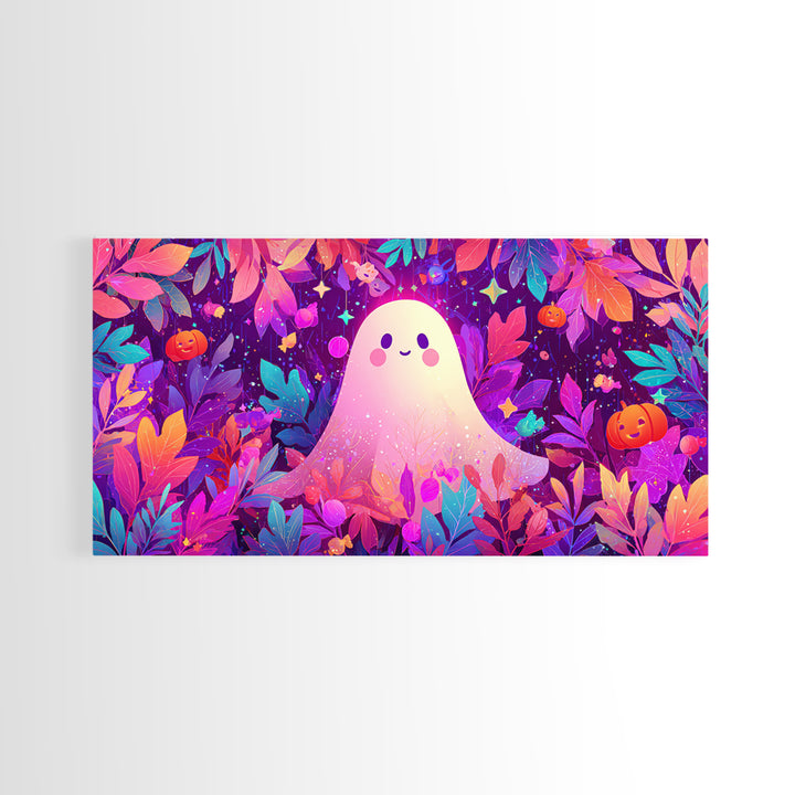 The Ghost With A Flower Crown, Vaporwave Halloween Art, Wide Panoramic Art, Framed Canvas Print, Cute Halloween Wall Art