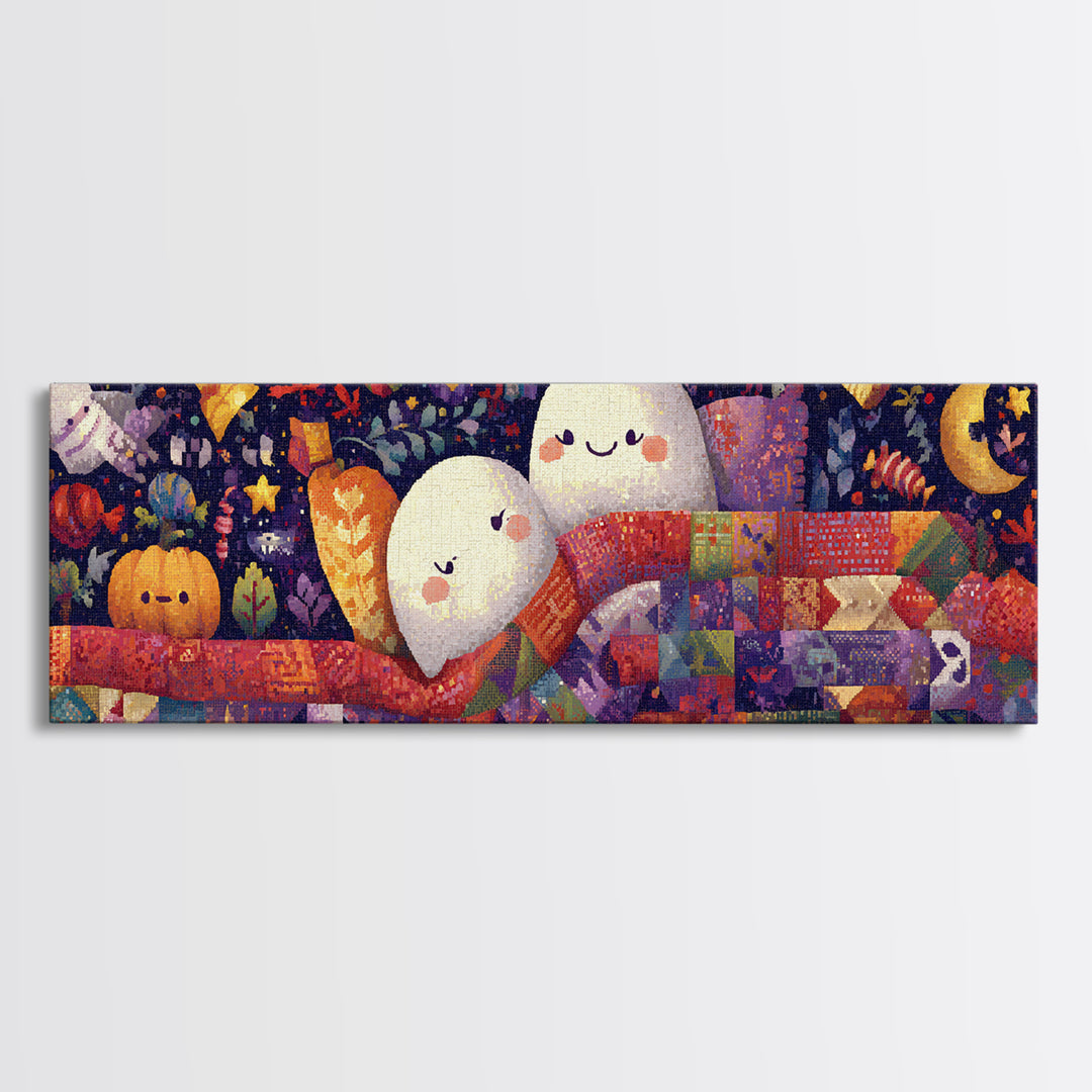 The Sleepy Blanket Ghost, Pixel Halloween Art, Extra Wide Wall Art, Canvas Print, Cute Halloween Wall Art