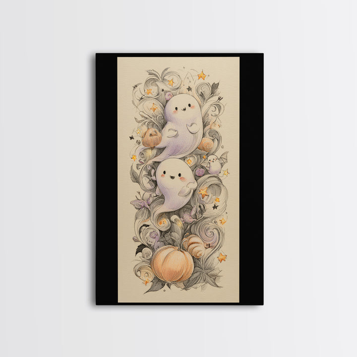 The Ghost And Firefly Friends, Hand Sketch Halloween Art, Vertical Wall Art, Canvas Print, Cute Halloween Wall Art