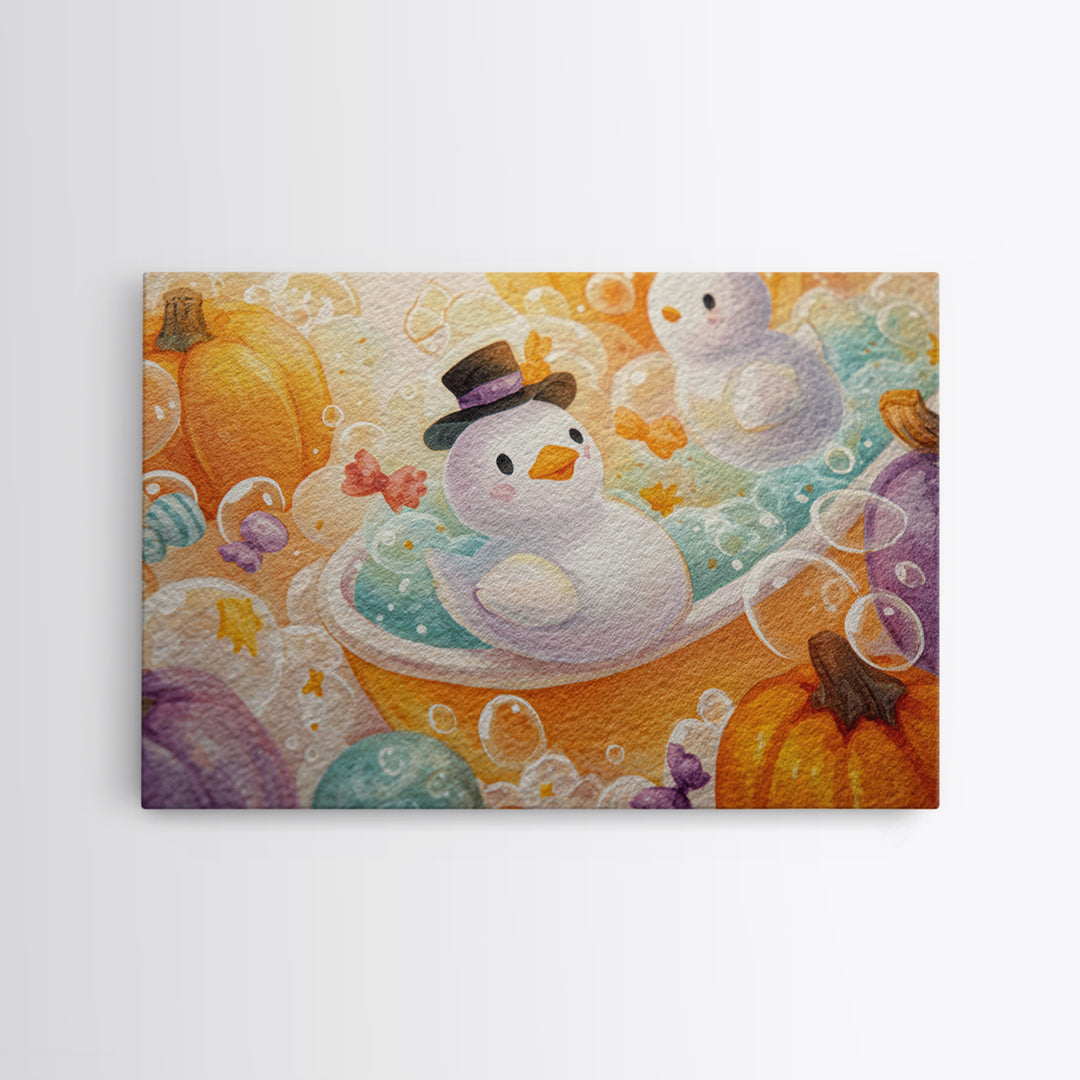 The Ghost Bubble Bath, Watercolor Halloween Art, Landscape Wall Art, Framed Canvas Print, Cute Halloween Wall Art