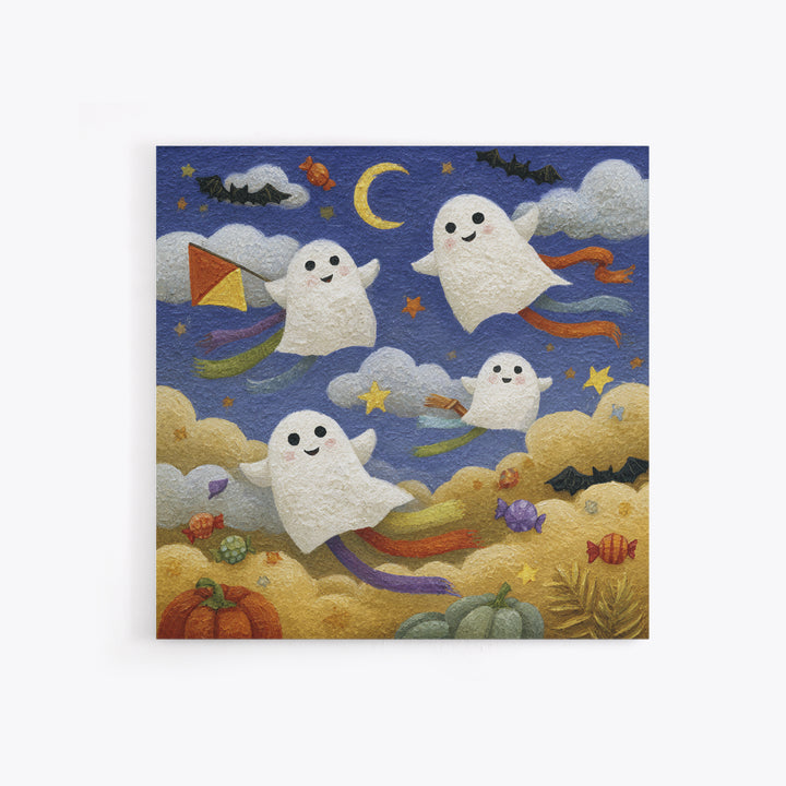 The Ghost Kite Festival, Gouache Halloween Art, Square Wall Art, Canvas Print, Cute Halloween Wall Art