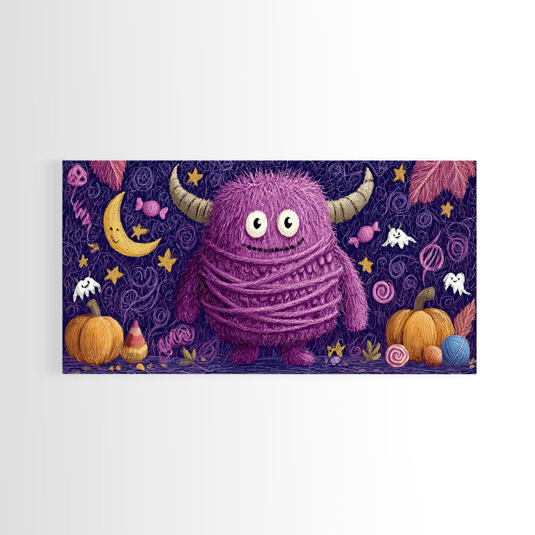 The Fuzzy Purple Monster, Crayon Halloween Art, Wide Panoramic Art, Framed Canvas Print, Cute Halloween Wall Art