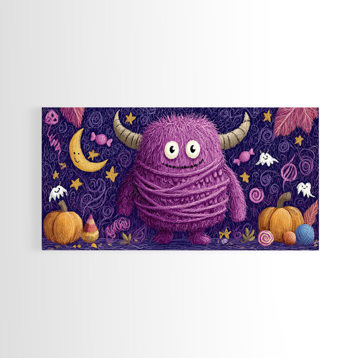 The Fuzzy Purple Monster, Crayon Halloween Art, Wide Panoramic Art, Framed Canvas Print, Cute Halloween Wall Art