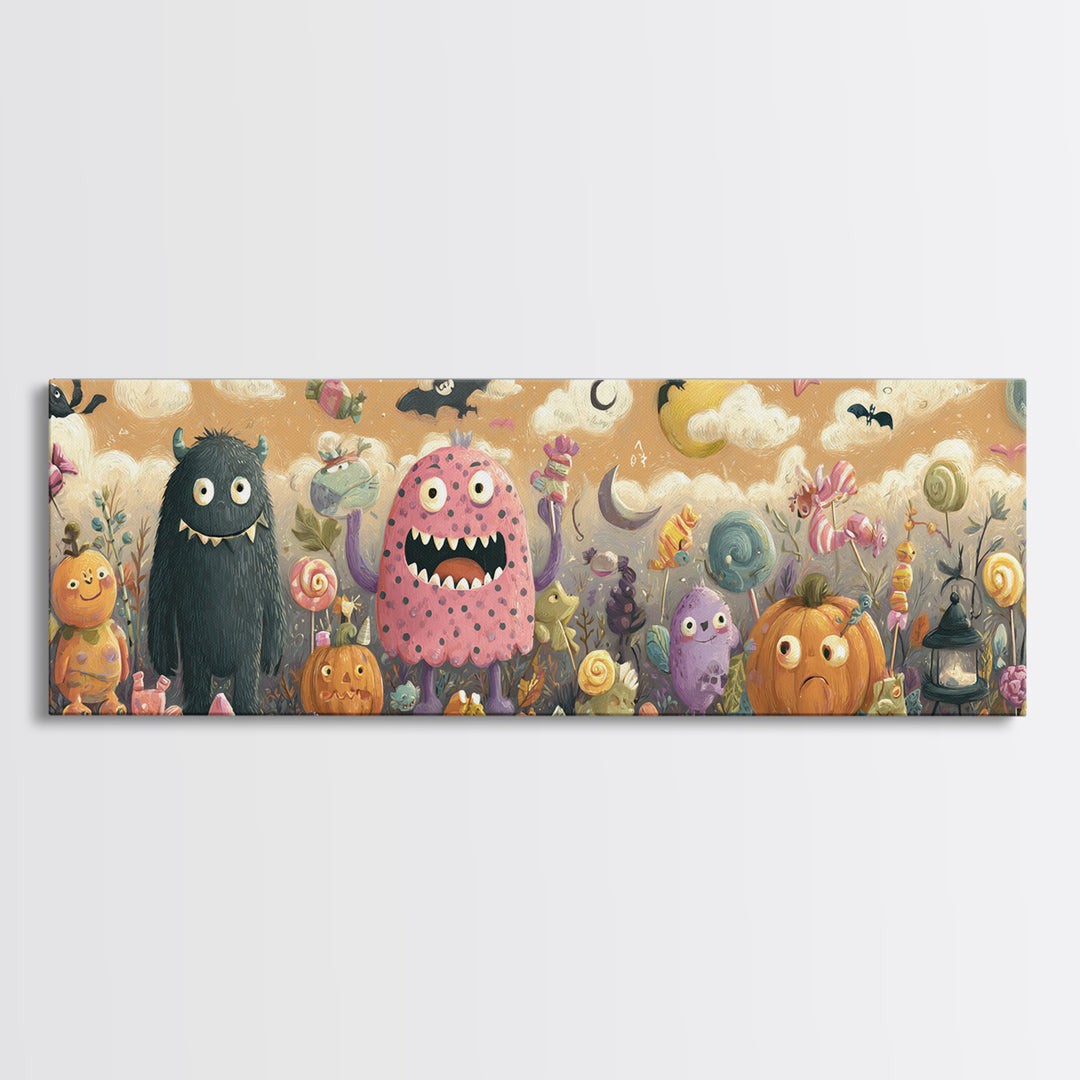 The Polka-Dot Monster, Pastel Halloween Art, Extra Wide Wall Art, Canvas Print, Cute Halloween Wall Art