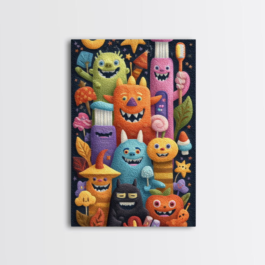 The Monster Toothbrush Club, Felt Halloween Art, Vertical Wall Art, Canvas Print, Cute Halloween Wall Art