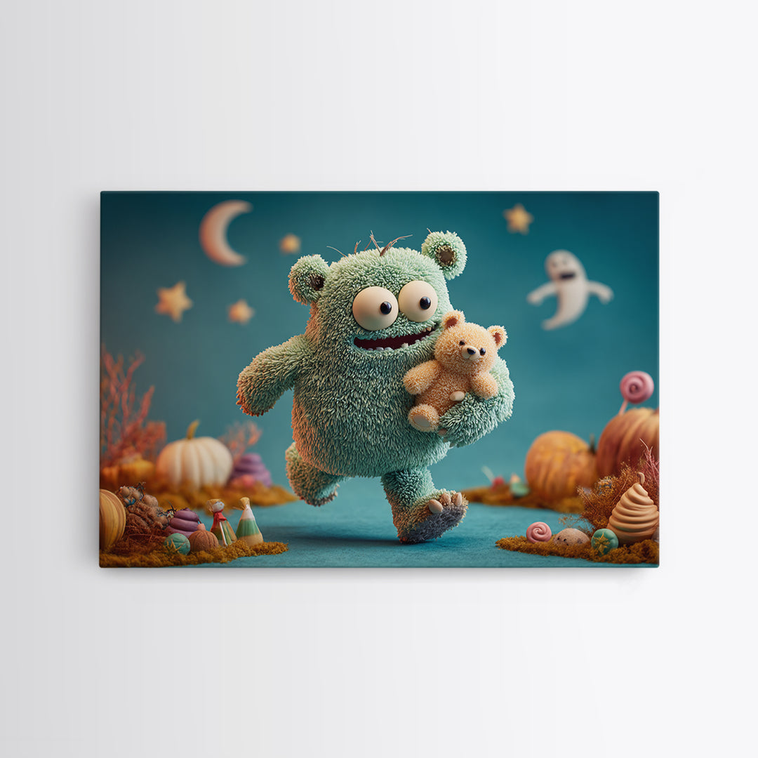 The Three-Eyed Teddy Monster, Clay Halloween Art, Landscape Wall Art, Framed Canvas Print, Cute Halloween Wall Art