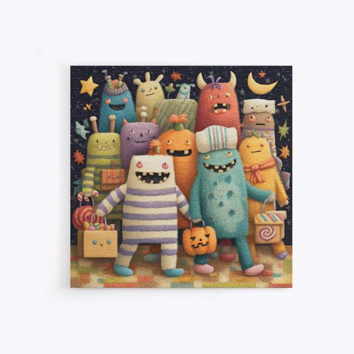 The Monster Pajama Parade, Plush Halloween Art, Square Wall Art, Canvas Print, Cute Halloween Wall Art