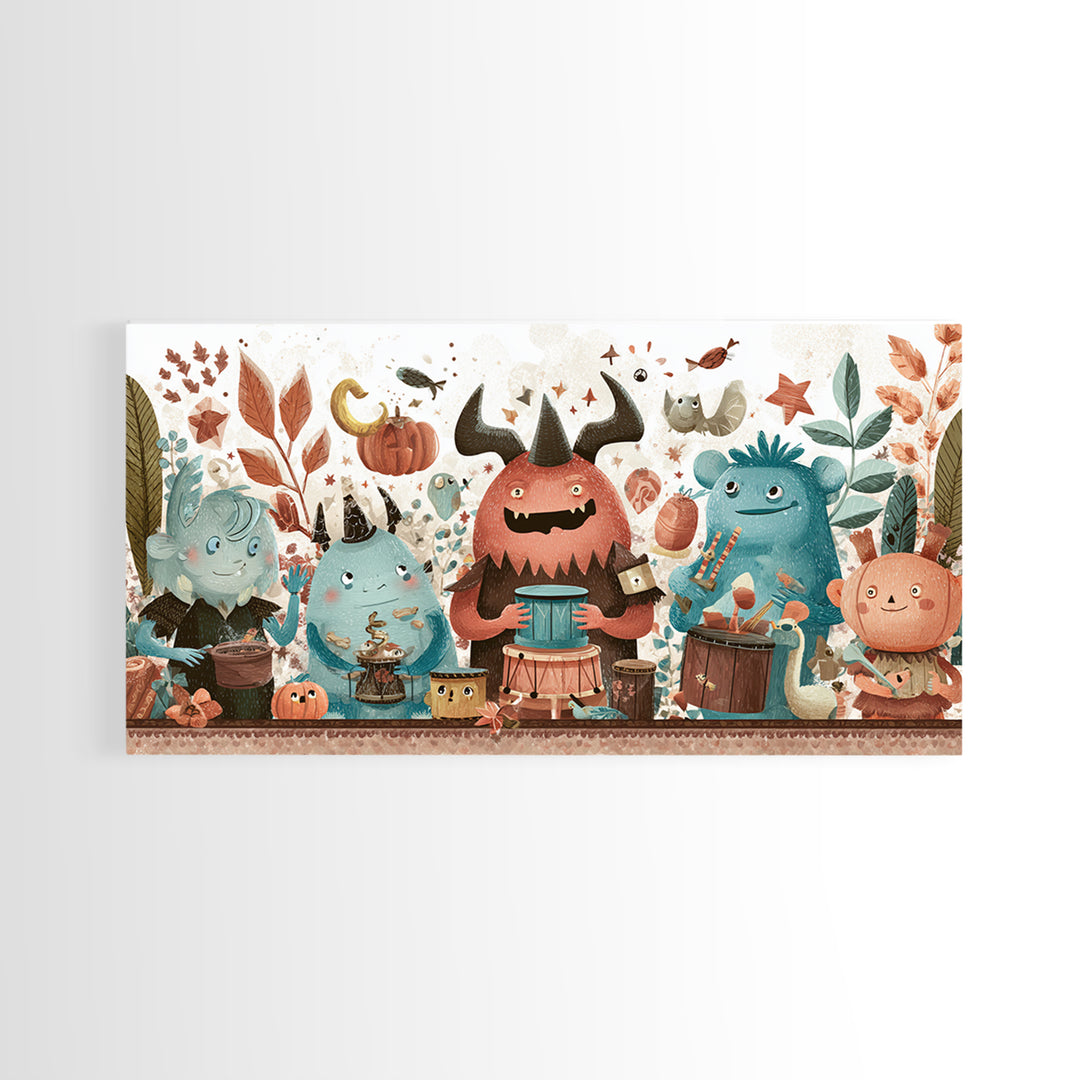 The Little Monster Orchestra, Kawaii Halloween Art, Wide Panoramic Art, Framed Canvas Print, Cute Halloween Wall Art