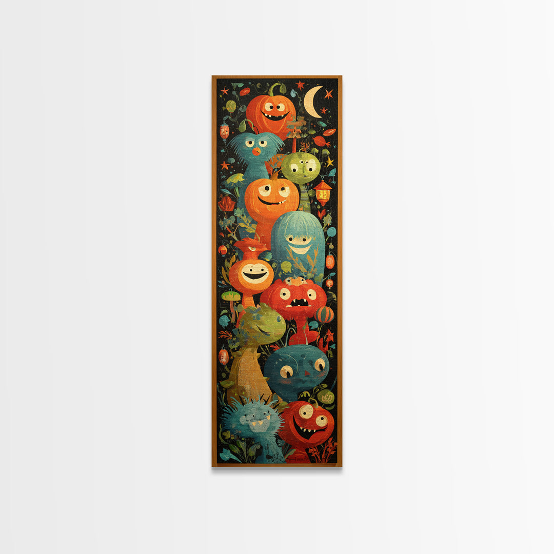 The Monster Hide-And-Seek Game, Screenprint Halloween Art, Tall Narrow Wall Art, Framed Canvas Print, Cute Halloween Wall Art
