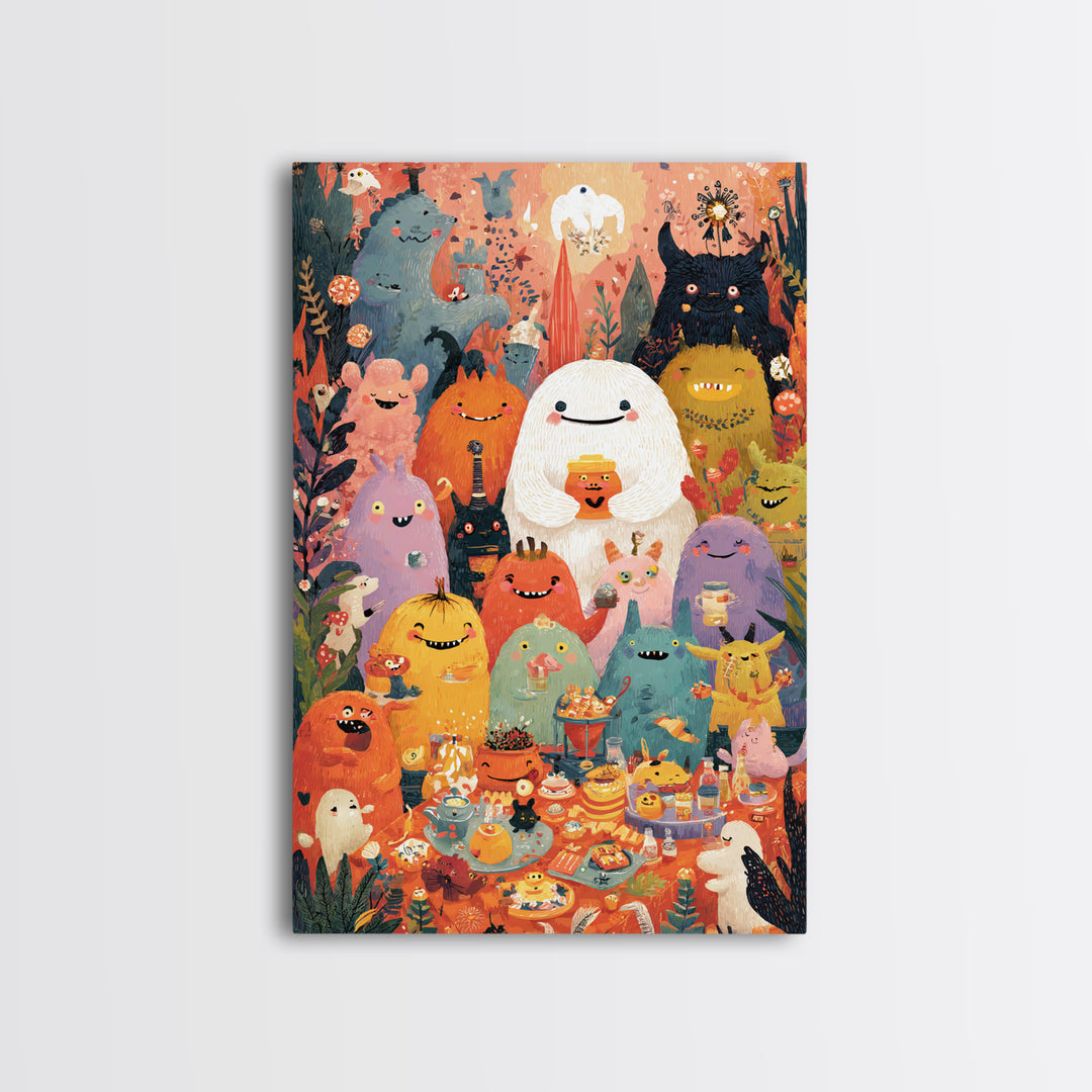 The Monster Friendship Picnic, Folk Halloween Art, Vertical Wall Art, Canvas Print, Cute Halloween Wall Art