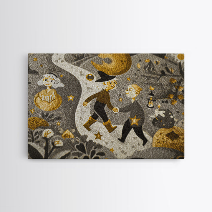 The Trick-Or-Treat Treasure Hunt, Linocut Halloween Art, Landscape Wall Art, Framed Canvas Print, Cute Halloween Wall Art