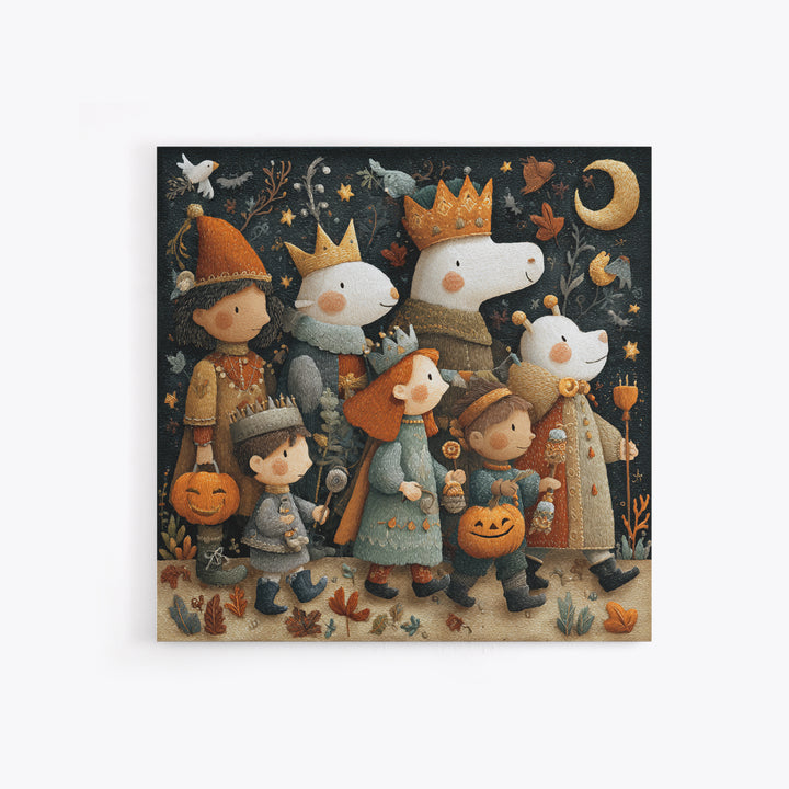 The Costume Parade, Embroidered Halloween Art, Square Wall Art, Canvas Print, Cute Halloween Wall Art