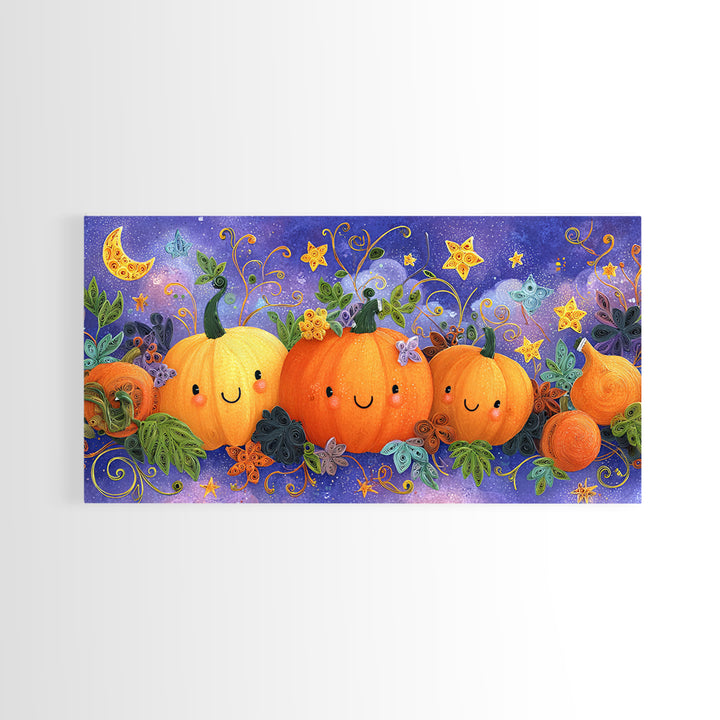 The Pumpkin Painting Party, Quilled Halloween Art, Wide Panoramic Art, Framed Canvas Print, Cute Halloween Wall Art