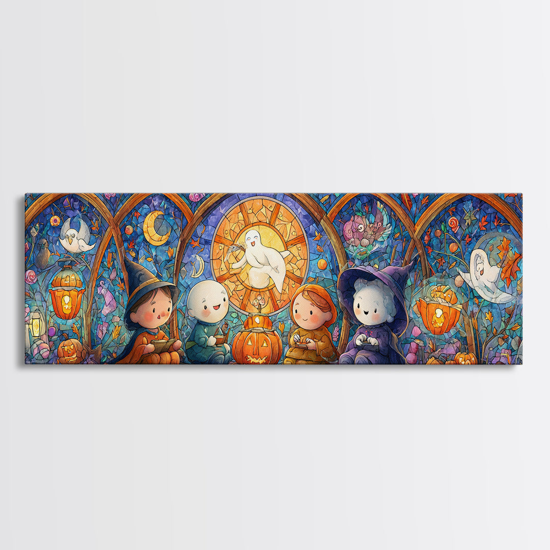 The Halloween Story Circle, Stained Glass Halloween, Extra Wide Wall Art, Canvas Print, Cute Halloween Wall Art