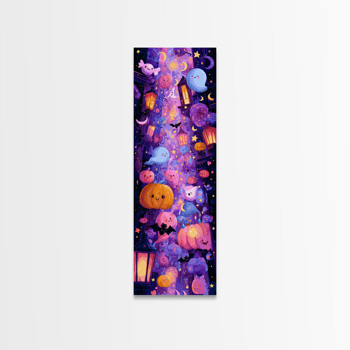 The Moonlight Dance Party, Vaporwave Halloween Art, Tall Narrow Wall Art, Framed Canvas Print, Cute Halloween Wall Art